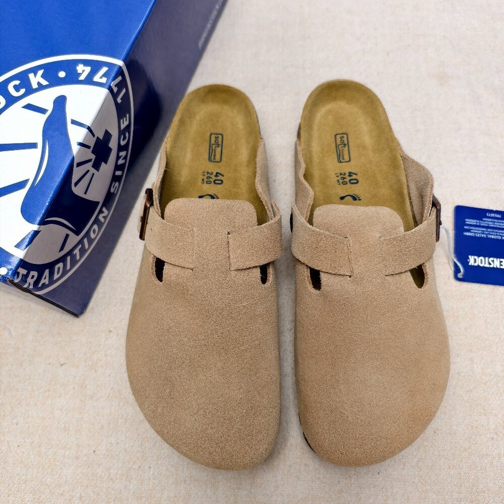 Women's Latte Cream Suede Birkenstock Boston Shoes - Narrow Fit